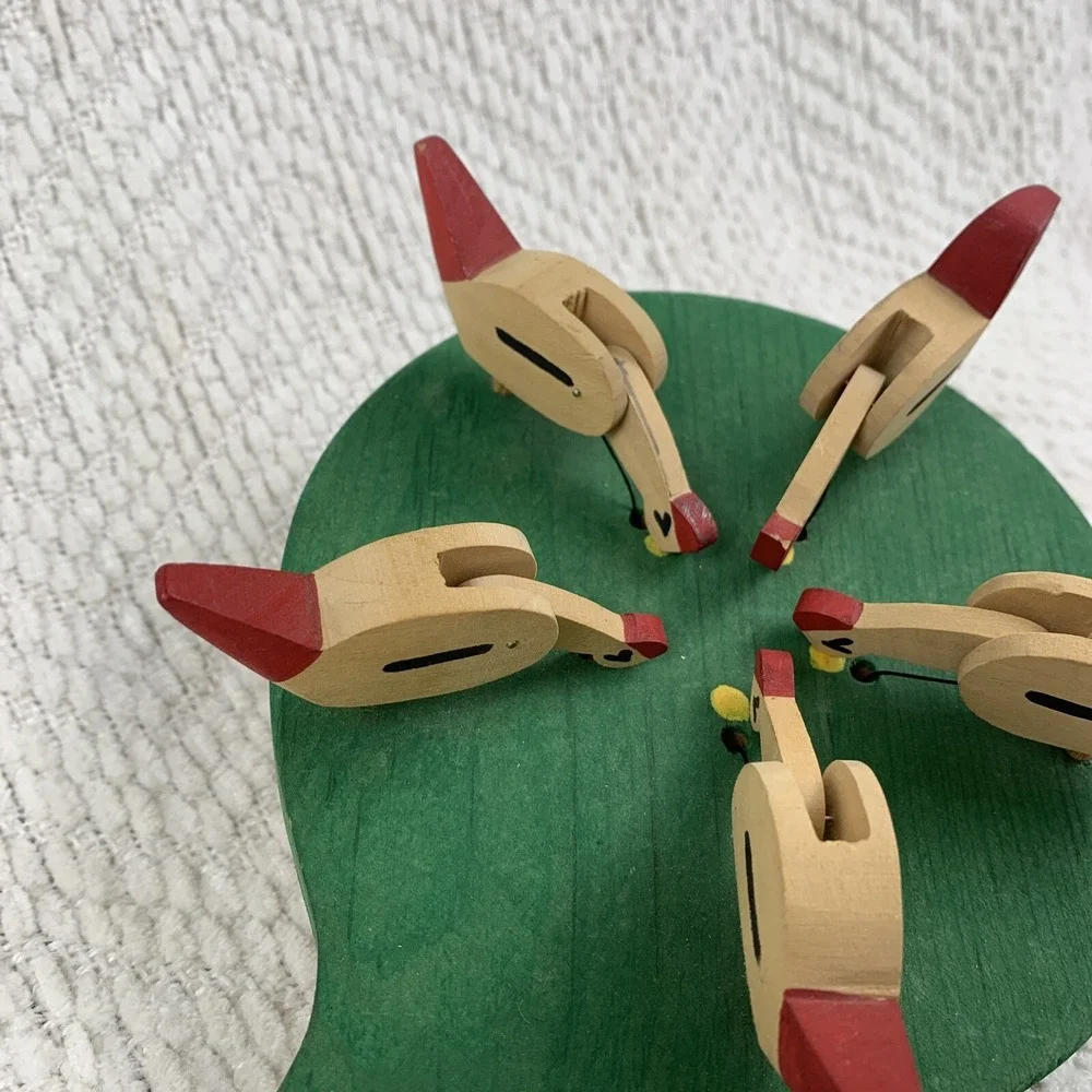 Folk Art Hand Painted Wooden Handmade Vintage Pecking Chickens Motion Paddle Toy